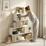 Étagère de rangement, bibliothèque géométrique à 5 niveaux, pour bureau, salon, chambre, blanc et bois naturel