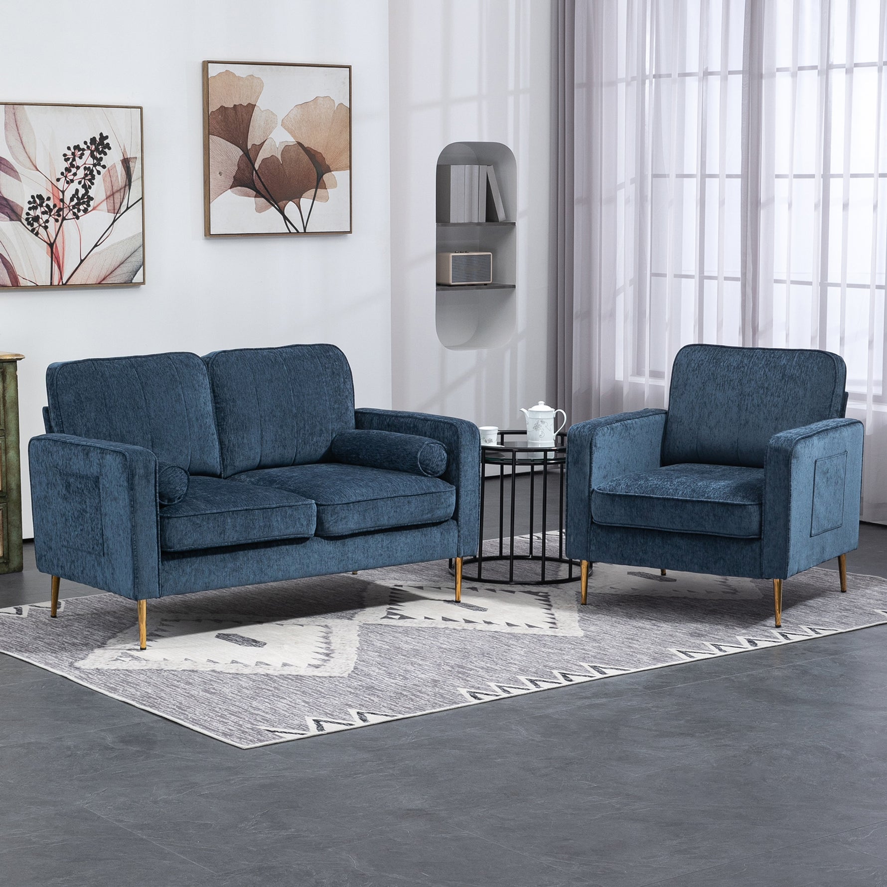 Fauteuil en tissu avec pieds en acier doré, grand confort, pochettes latérales, pour salon, bureau, chambre, bleu