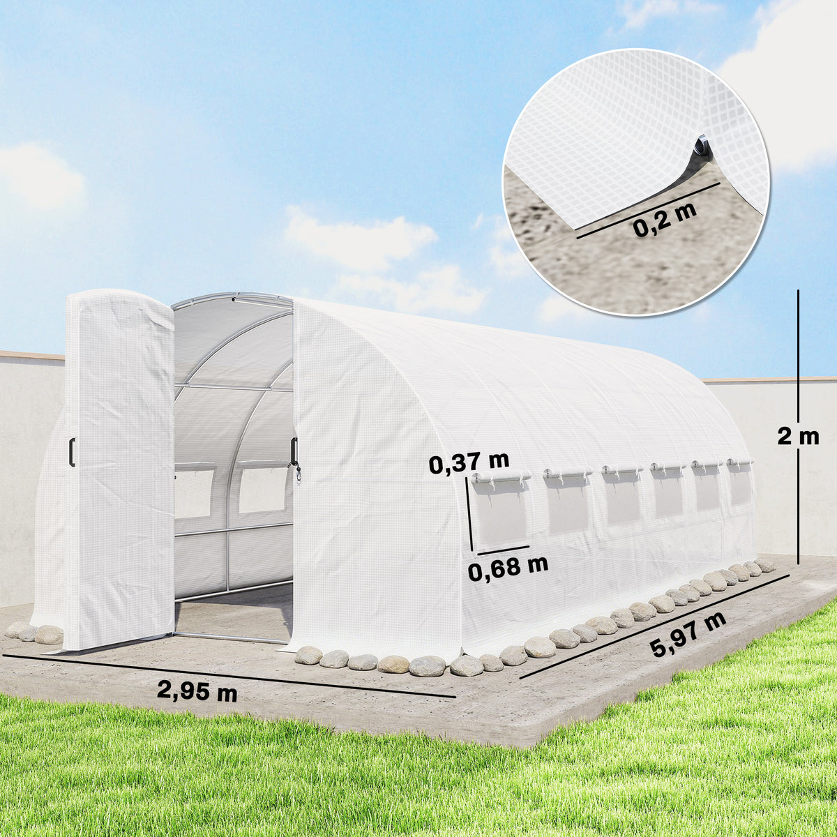 Serre Tunnel de Jardin 18m², Serre de Jardin Tunnel avec Porte et 12 Fenêtres avec Moustiquaires, 295x597x200cm, Blanc