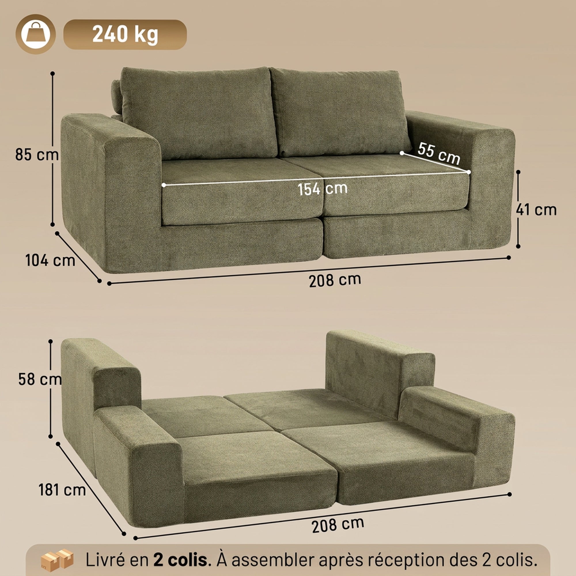 Divano Letto 2 Posti 4 in 1, Divano Letto in Ciniglia Compresso 208 cm con Seduta Ampia, 2 Cuscini, Verde