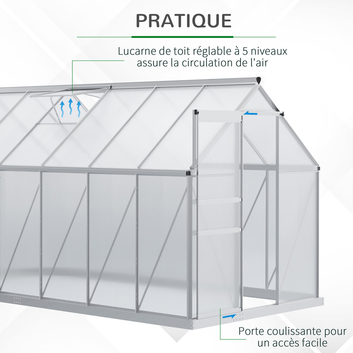 Serre de jardin 7,1 m² en aluminium polycarbonate avec fondation, 190 x 375 x 199 cm, serre avec fenêtre