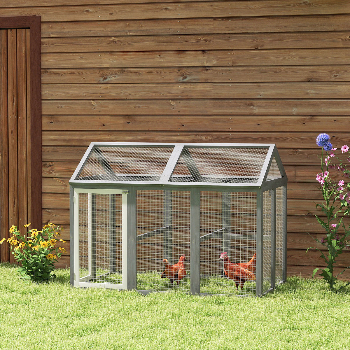 Enclos poulailler 1,18 m², parc grillagé avec porte verrouillables, cadre en bois massif, 140 x 88,5 x 106 cm, gris