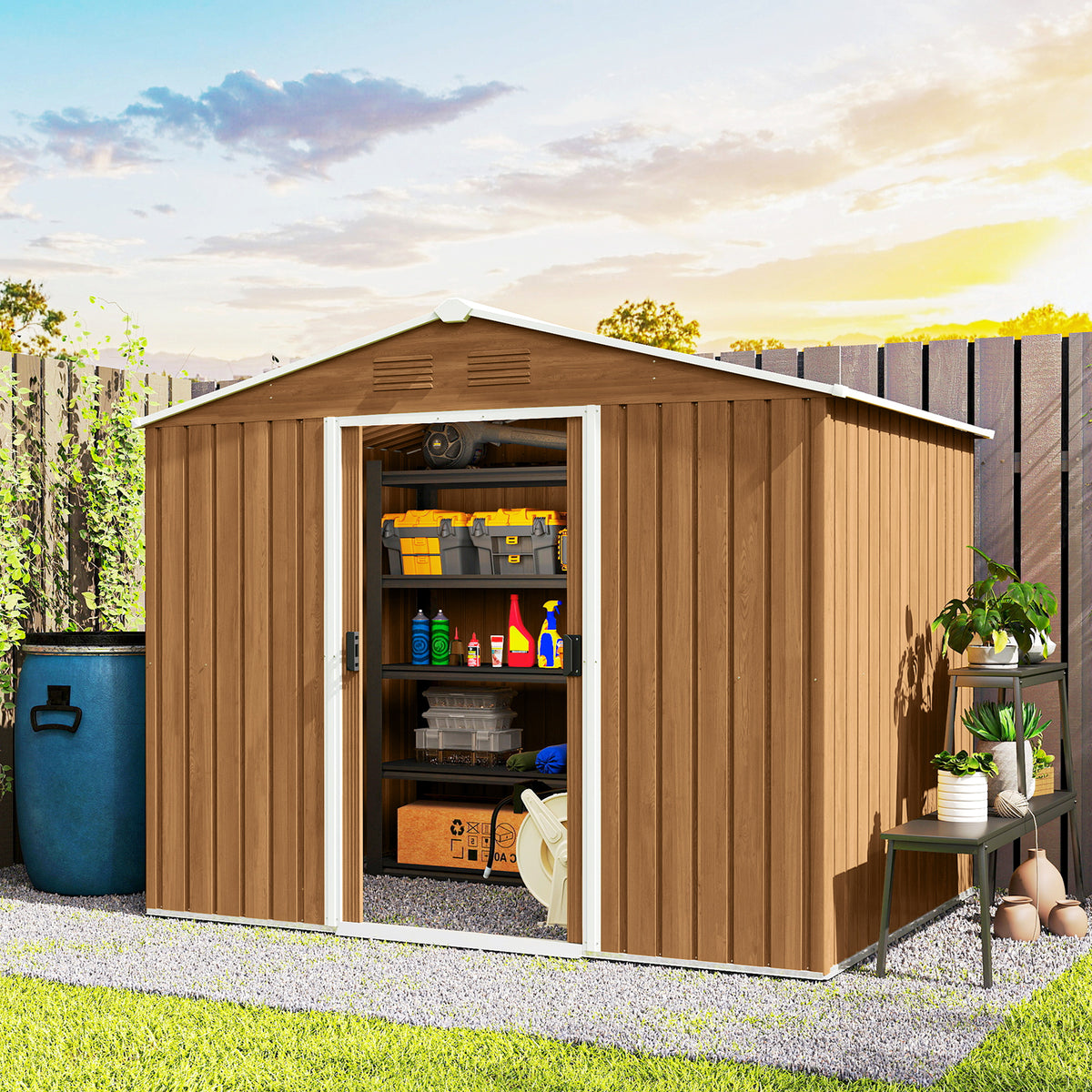 Stalen tuinhuis 3,6 m² schuin dak 4 ventilatieopeningen afsluitbare schuifdeuren 236x171x191 cm, donkerbruin