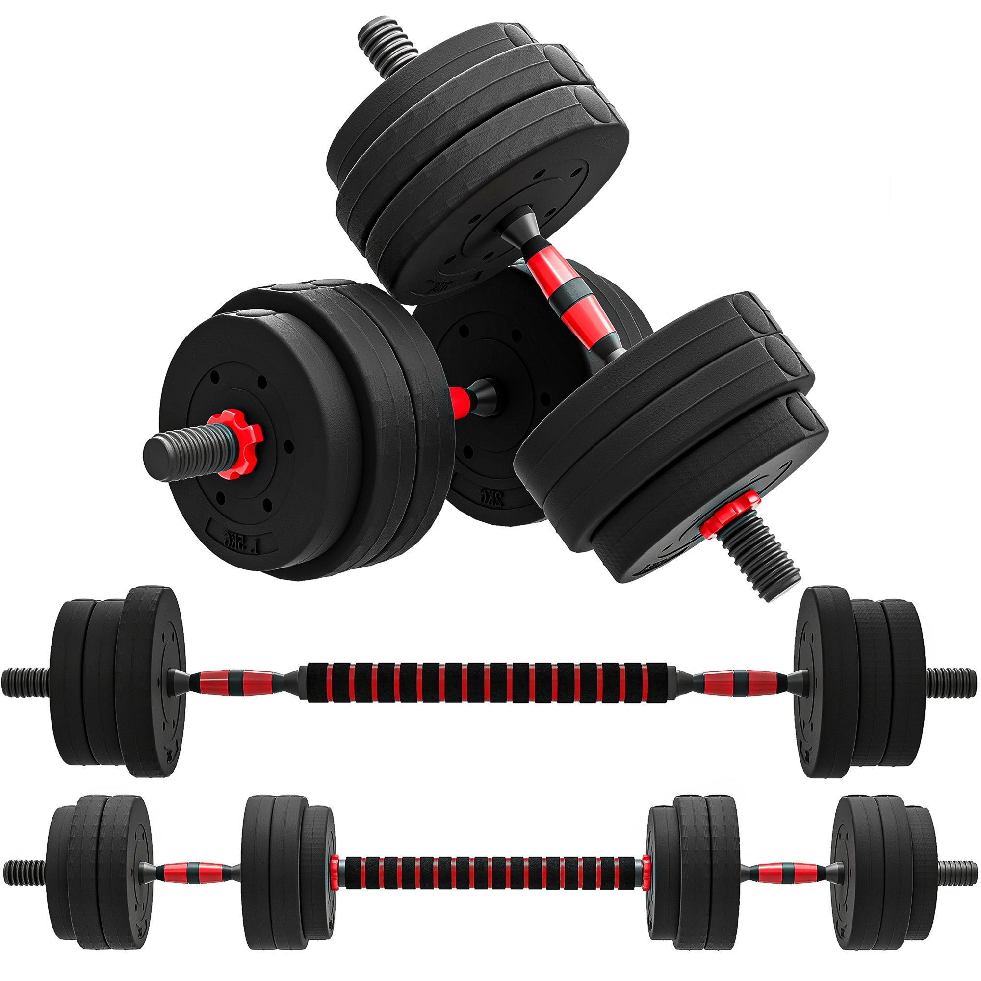 Kit Haltères Musculation 2-en-1, Lot de 2, 25 kg, poids réglable - Barres incluses - entraînement Musculaire & haltérophilie - HDPE Noir Rouge