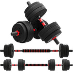 Kit Haltères Musculation 2-en-1, Lot de 2, 25 kg, poids réglable - Barres incluses - entraînement Musculaire & haltérophilie - HDPE Noir Rouge