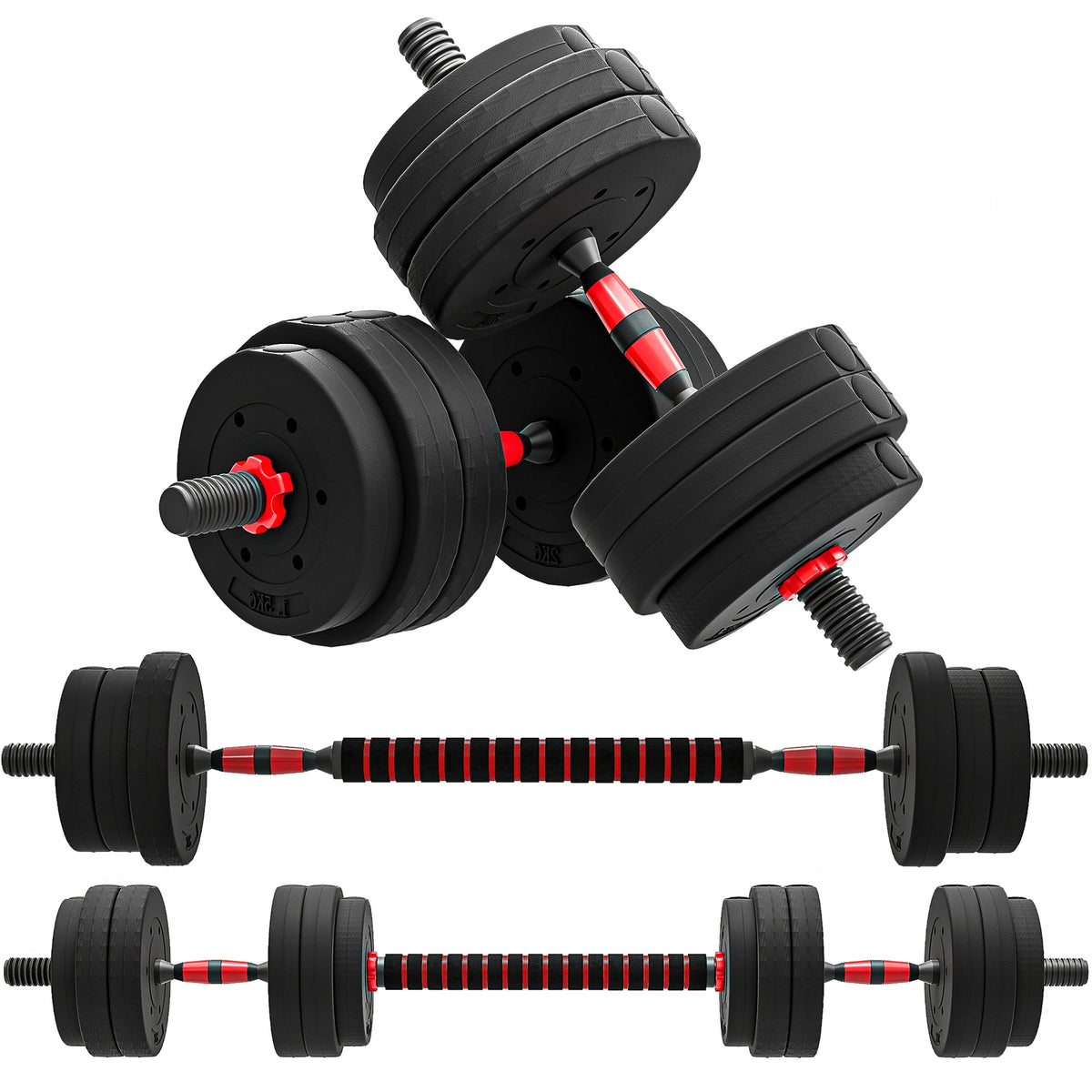 Kit Haltères Musculation 2-en-1, Lot de 2, 25 kg, poids réglable - Barres incluses - entraînement Musculaire & haltérophilie - HDPE Noir Rouge
