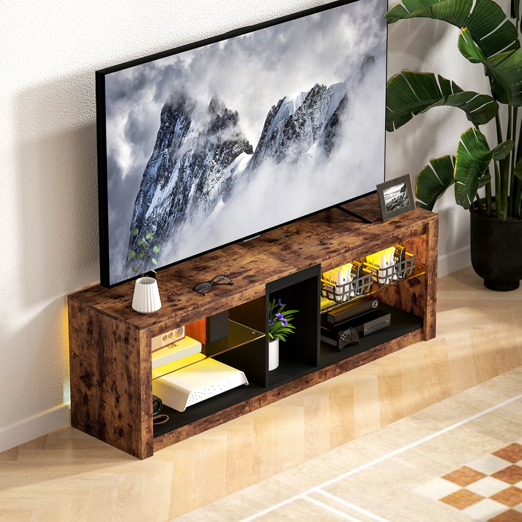 Meuble TV avec lumières LED et télécommande, étagères et compartiments ouvert, 140x35x47cm, marron
