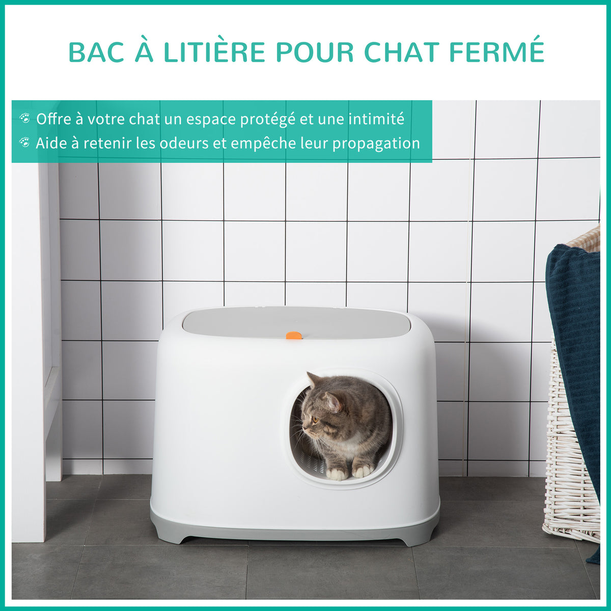 Kattenbak, gesloten kattentoilet met deksel en schep, kunststof (PP), 55L x 40B x 39H cm, wit