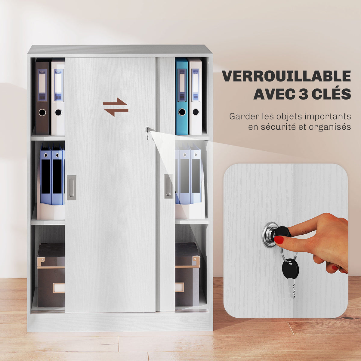 Armoire de Bureau 2 Portes coulissantes verrouillables dim. 80L x 40l x 120H cm 2 étagères en Bois Blanc