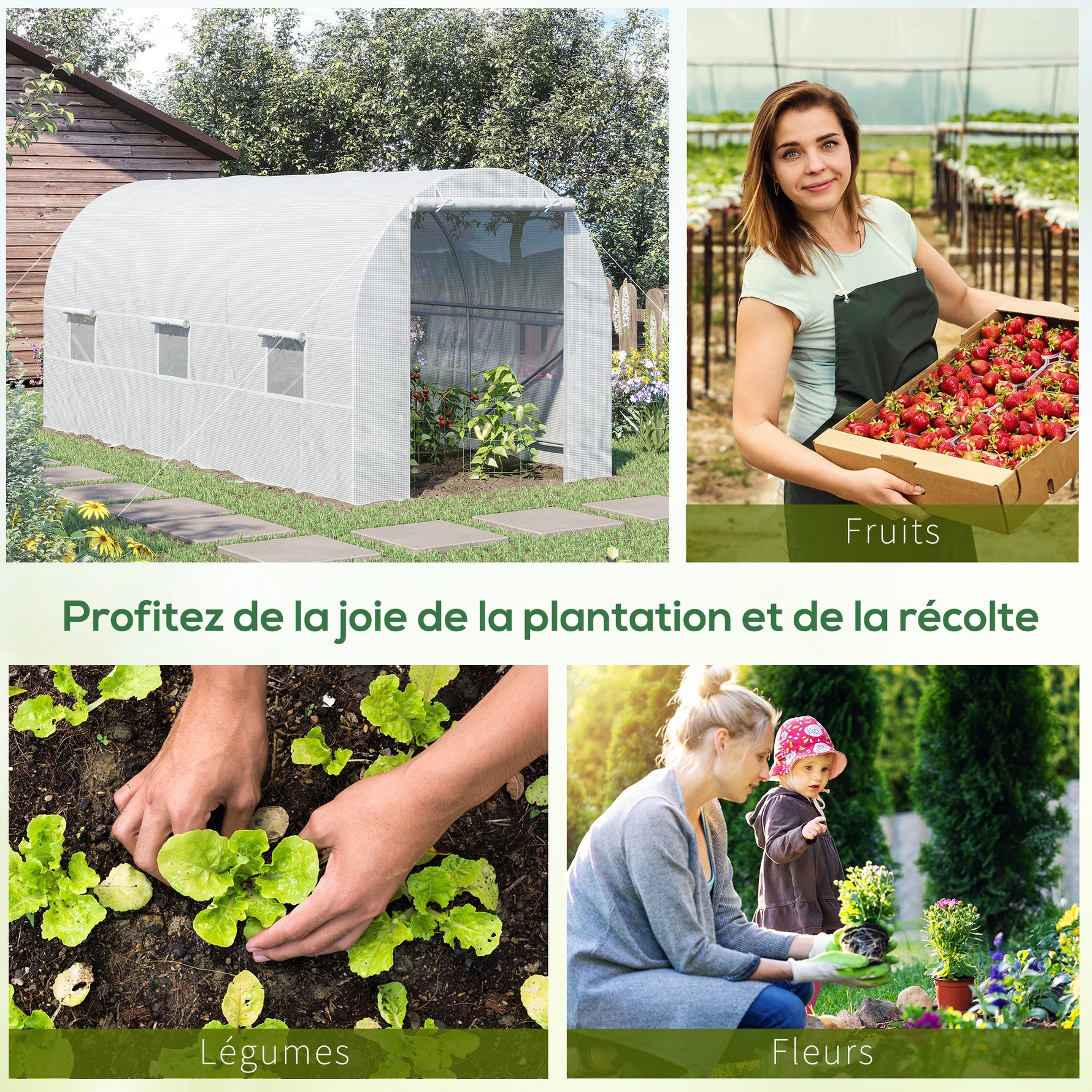 Serre tunnel de jardin 9m², serre de jardin tunnel avec porte et 6 fenêtres, bâche PE 140 g/m² 445 x 200 x 200 cm blanc