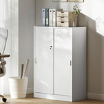 Armoire de Bureau 2 Portes coulissantes verrouillables dim. 80L x 40l x 120H cm 2 étagères en Bois Blanc