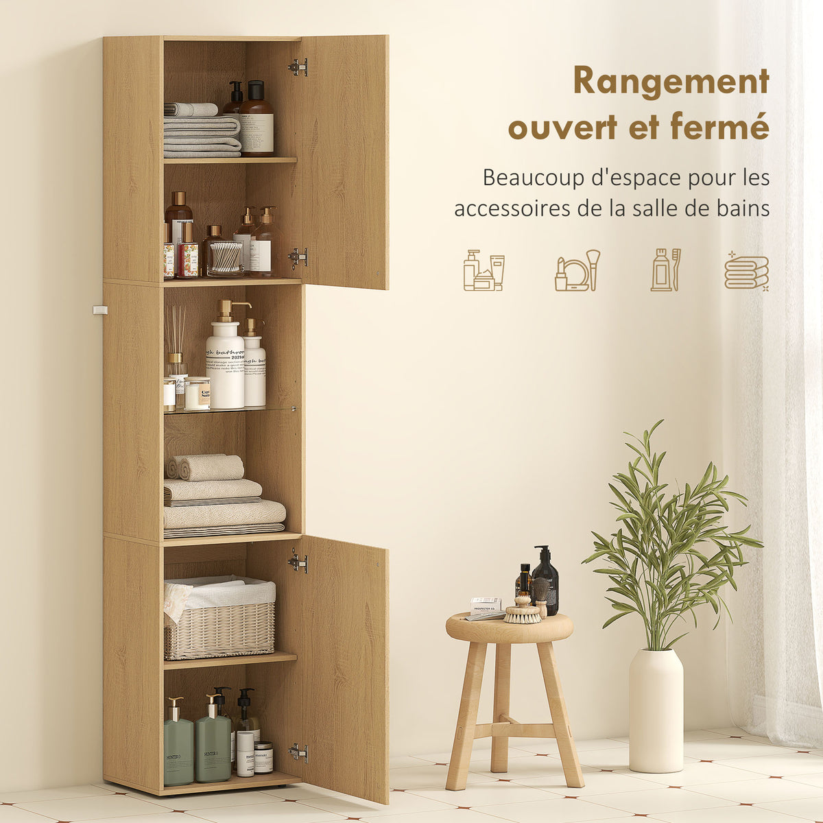 Armoire salle de bain haute, meuble de rangement colonne 6 niveaux 2 portes et étagères réglables, 40x31x182cm, chêne