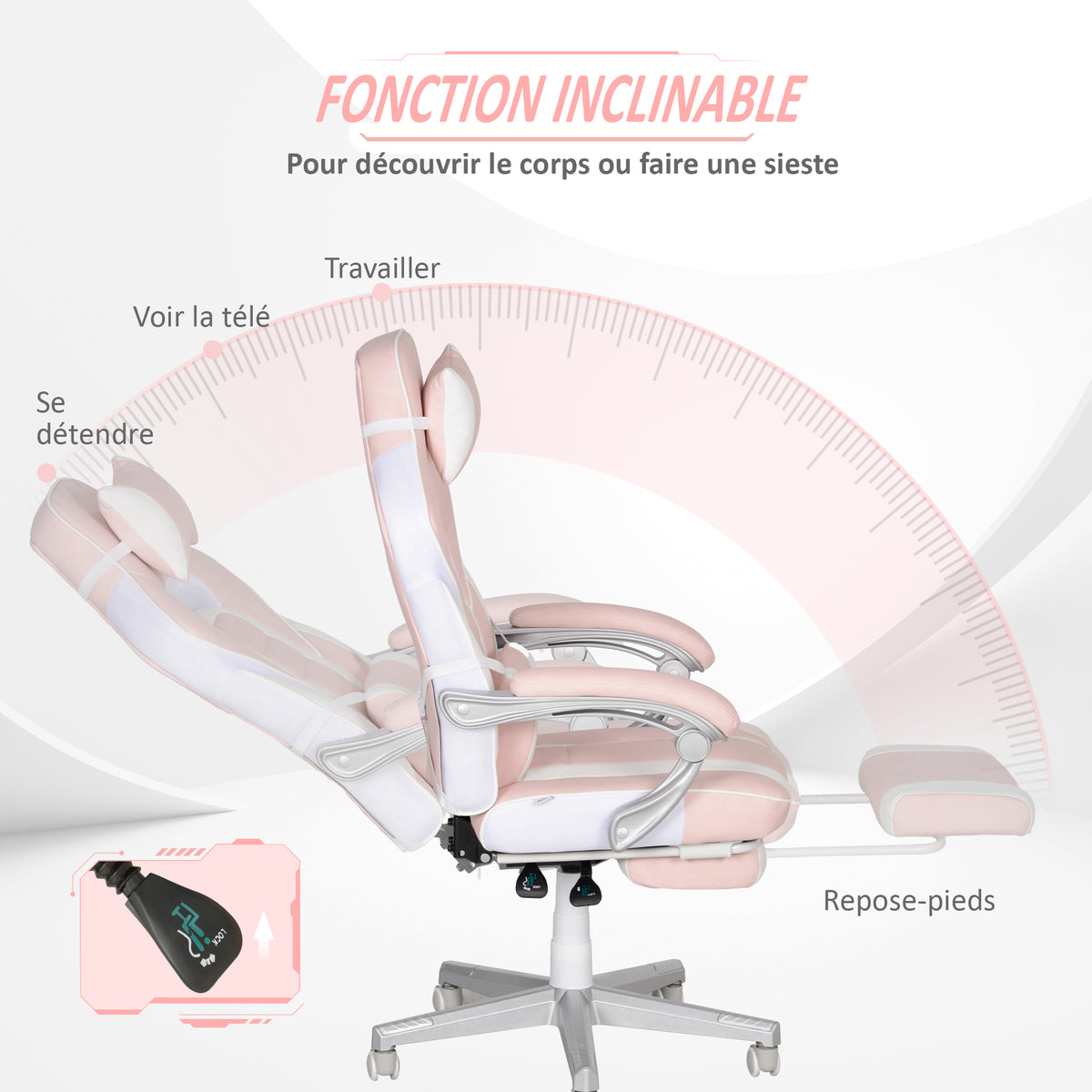 Chaise gaming, fauteuil gaming ergonomique avec repose-pieds, hauteur réglable, dossier inclinable, 63x63x123cm, rose