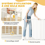 Barrera de seguridad para perros extensible 74-100 cm cierre automático fijación a presión sin taladrar blanco