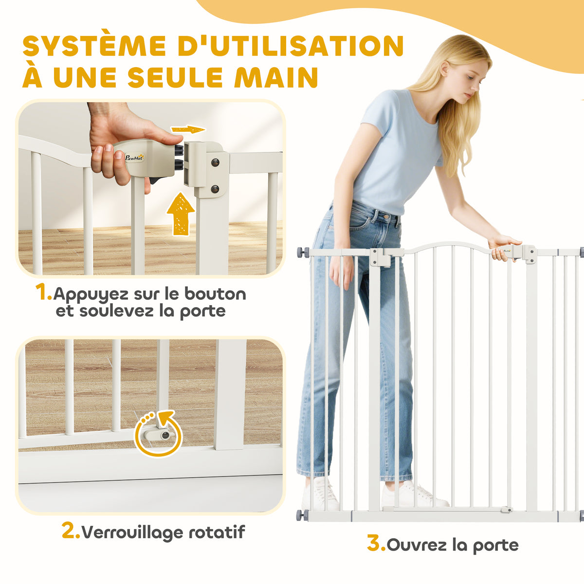 Barrera de seguridad para perros extensible 74-100 cm cierre automático fijación a presión sin taladrar blanco