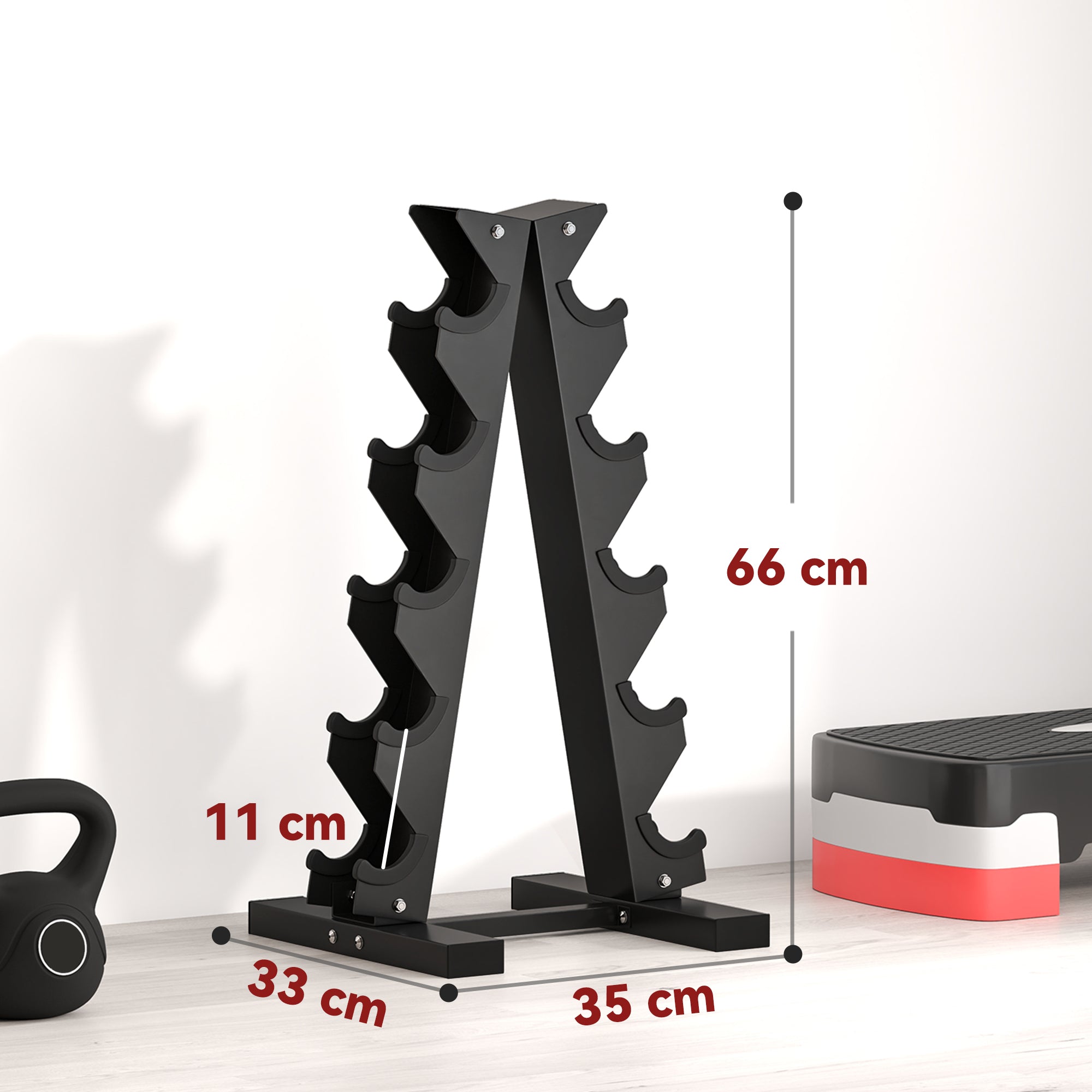 Hantelständer mit 5 Ebenen, Hantelablage aus Stahl für das Krafttraining, Belastbarkeit: 100 kg, 35 × 33 × 66 cm, Schwarz