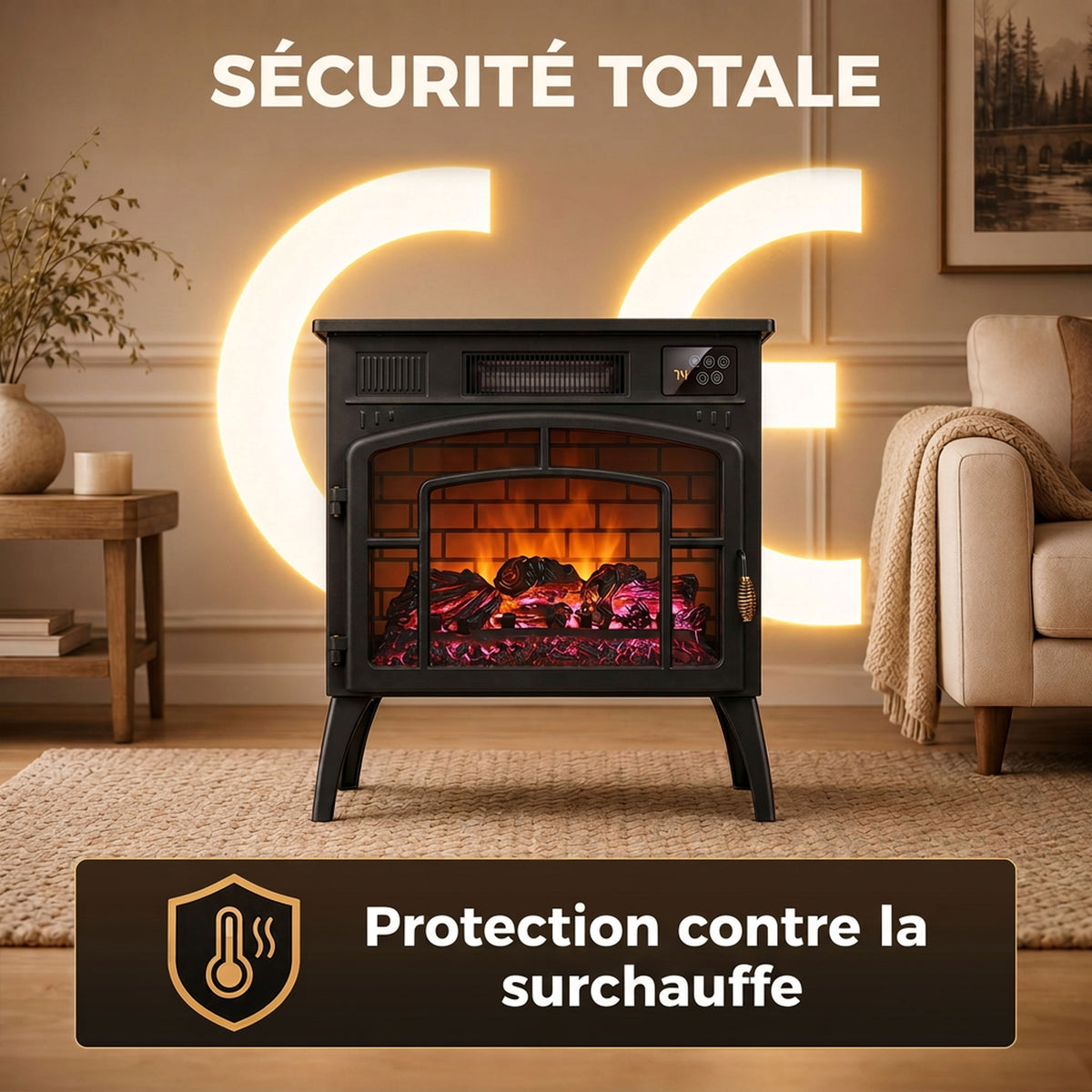 Chimenea eléctrica con efecto de llama 3D multicolor 1000W/2000W, termostato ajustable, control por aplicación y voz, negro