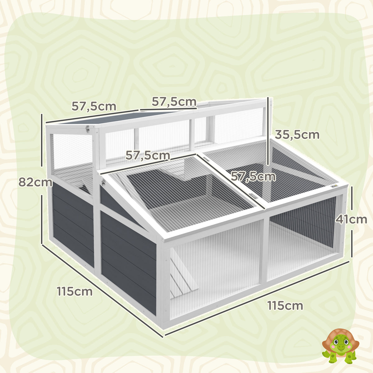 Maison enclos cage pour petit animal tortue avec 2 espaces toit en polycarbonate 3 portes rampe 115 x 115 x 82 cm gris