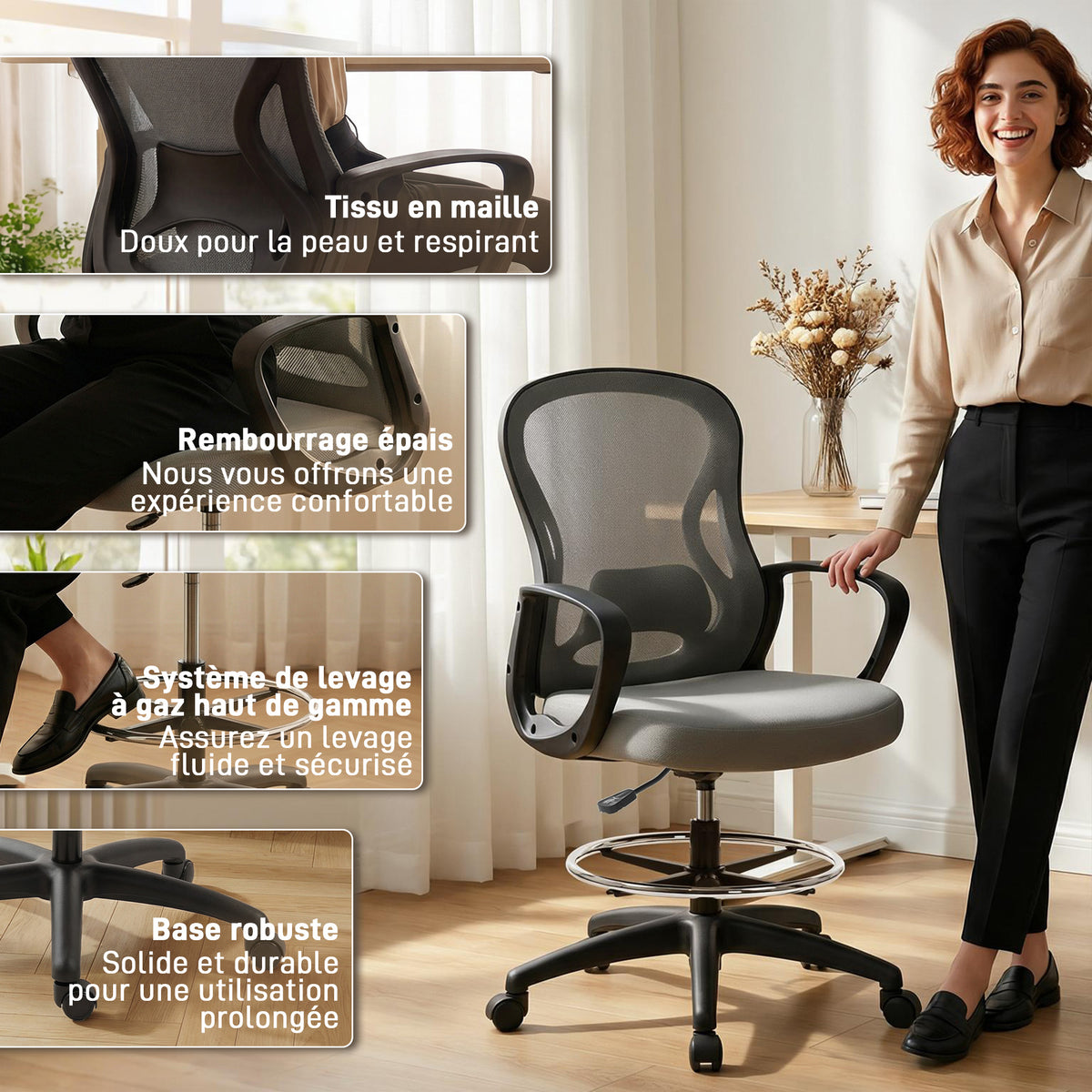 Chaise bureau ergonomique, fauteuil de bureau avec repose-pieds et accoudoirs, en maille, 59 x 65 x 123 cm, Gris