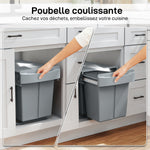 Poubelle cuisine, poubelle sous évier coulissante encastrable avec 2 x 20 L compartiments amovibles, 52x33,5x41cm, gris
