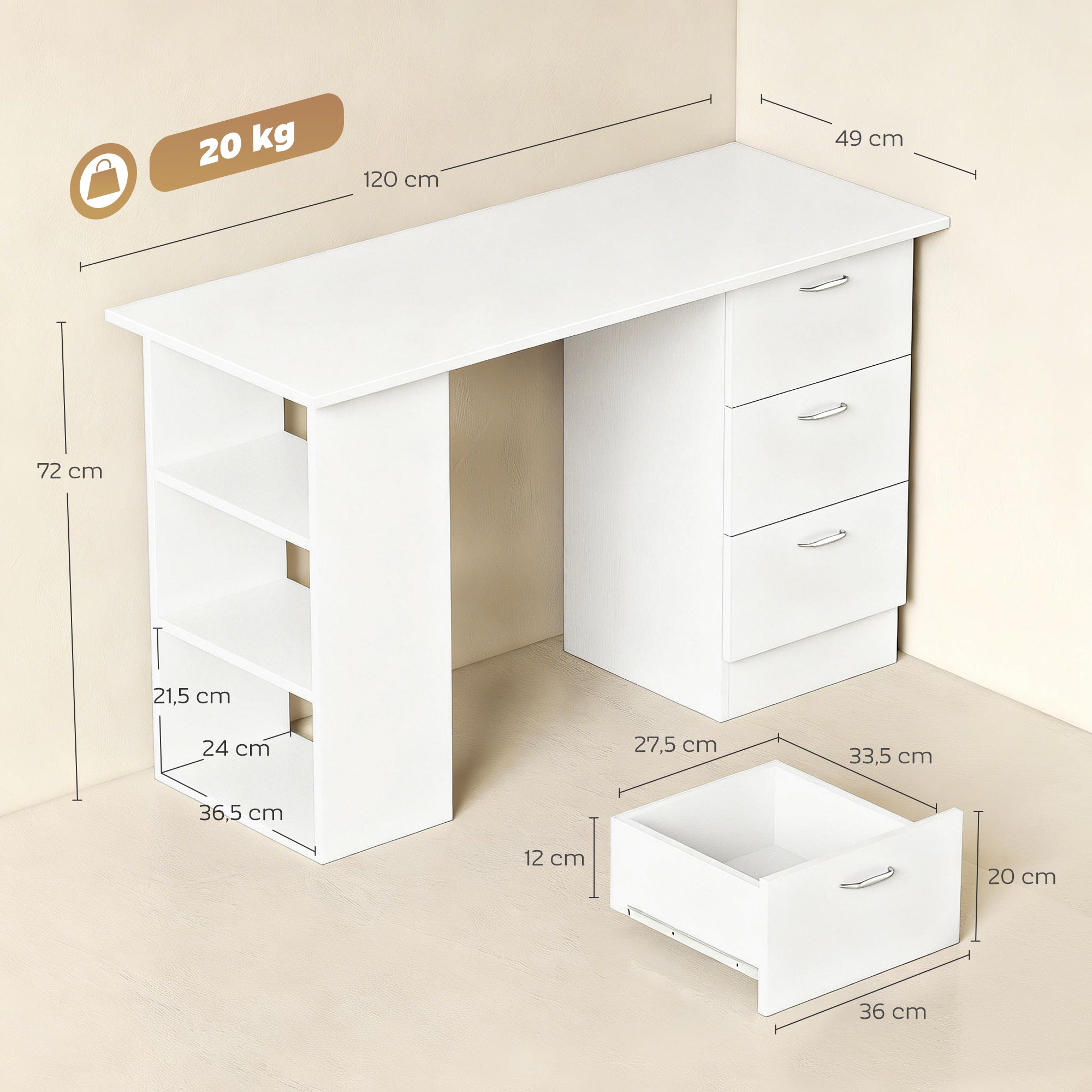 Bureau d'ordinateur avec 3 tiroirs et 3 étagères ouvertes, 120x49x72cm, bureau avec rangement réversible, style moderne, table informatique pour chambre, petit espace, télétravail, blanc