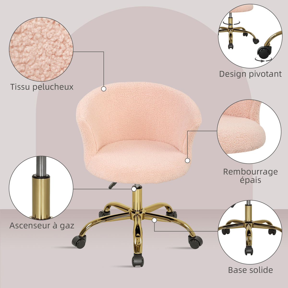 Chaise de bureau, fauteuil de bureau ergonomique réglable en hauteur, siège pivotante, piètement en acier, rose