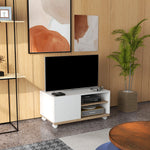 Meuble TV sur roulettes avec 2 Freins - 2 niches + Placard Porte 2 Passe-Fil - en bois Blanc chêne Clair