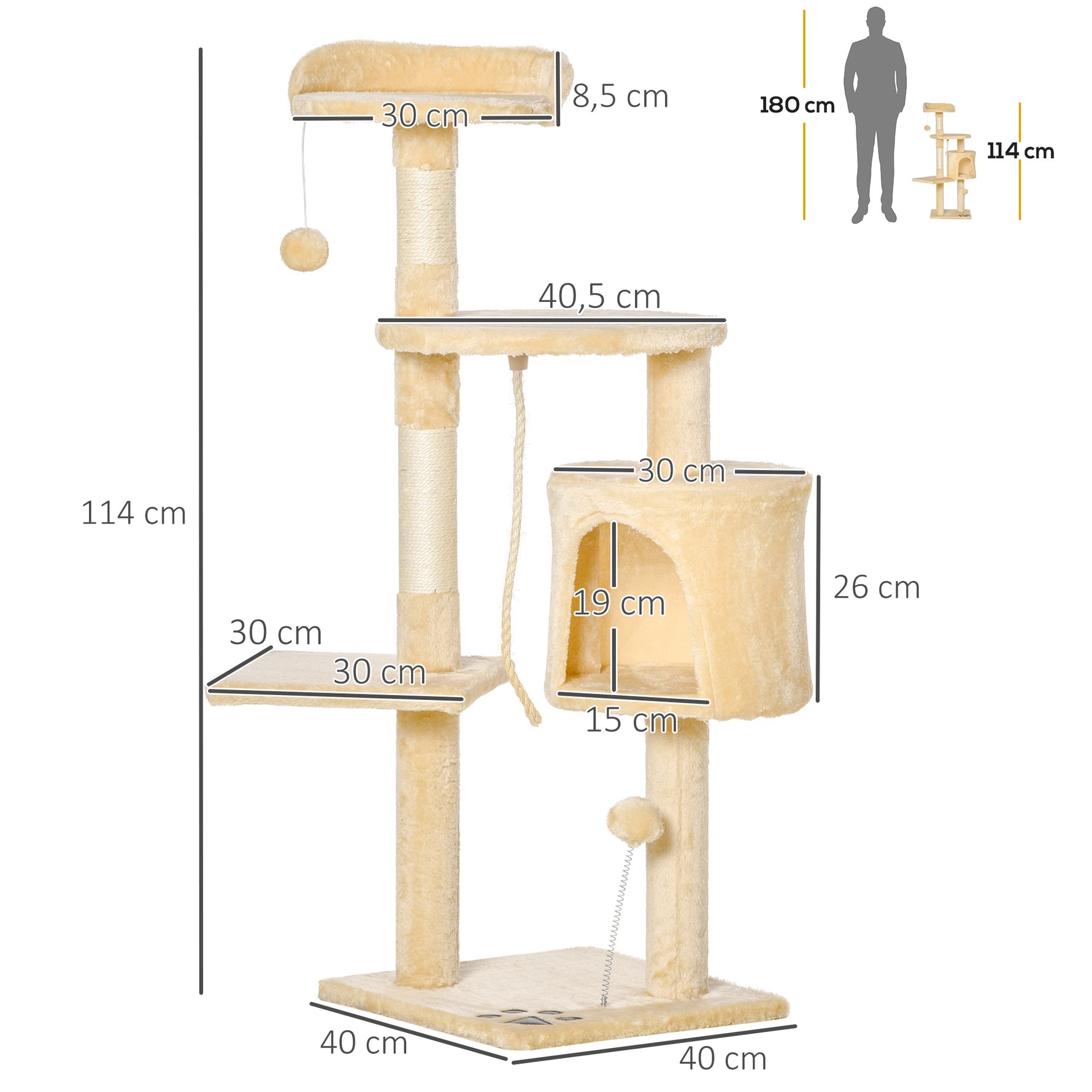 Arbre à chats multi-équipements griffoirs grattoirs plateformes niche corde jouets 40L x 40l x 114H cm beige