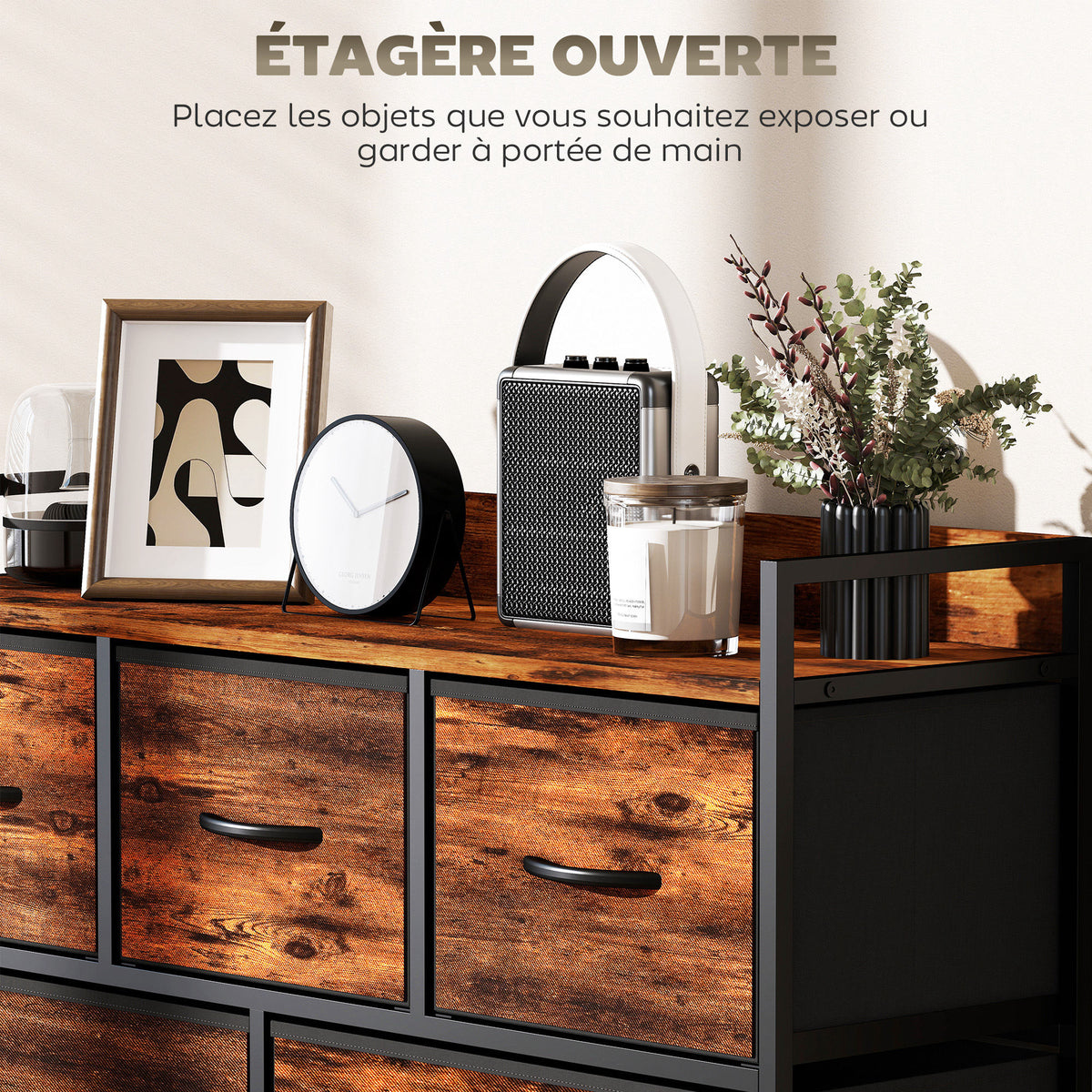 Cómoda, mueble de almacenaje con 5 cajones de tela plegables, tablero y estructura de acero, 98 x 29 x 63 cm, marrón rústico