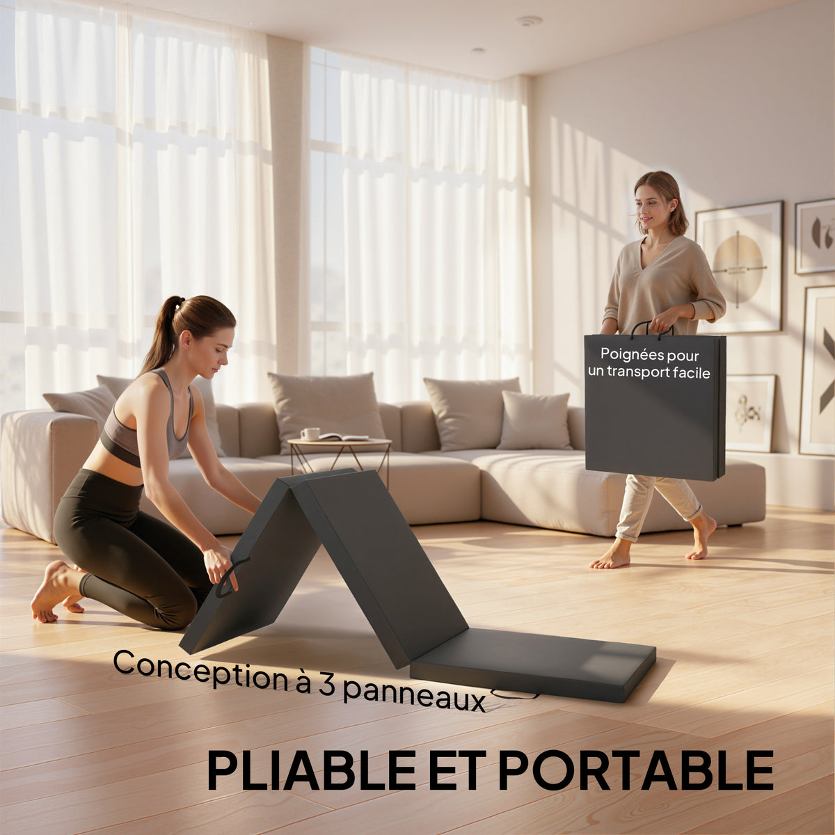 Tapis de gymnastique yoga pilates fitness pliable en 3 panneaux avec poignées revêtement synthétique 180 x 60 x 5cm gris