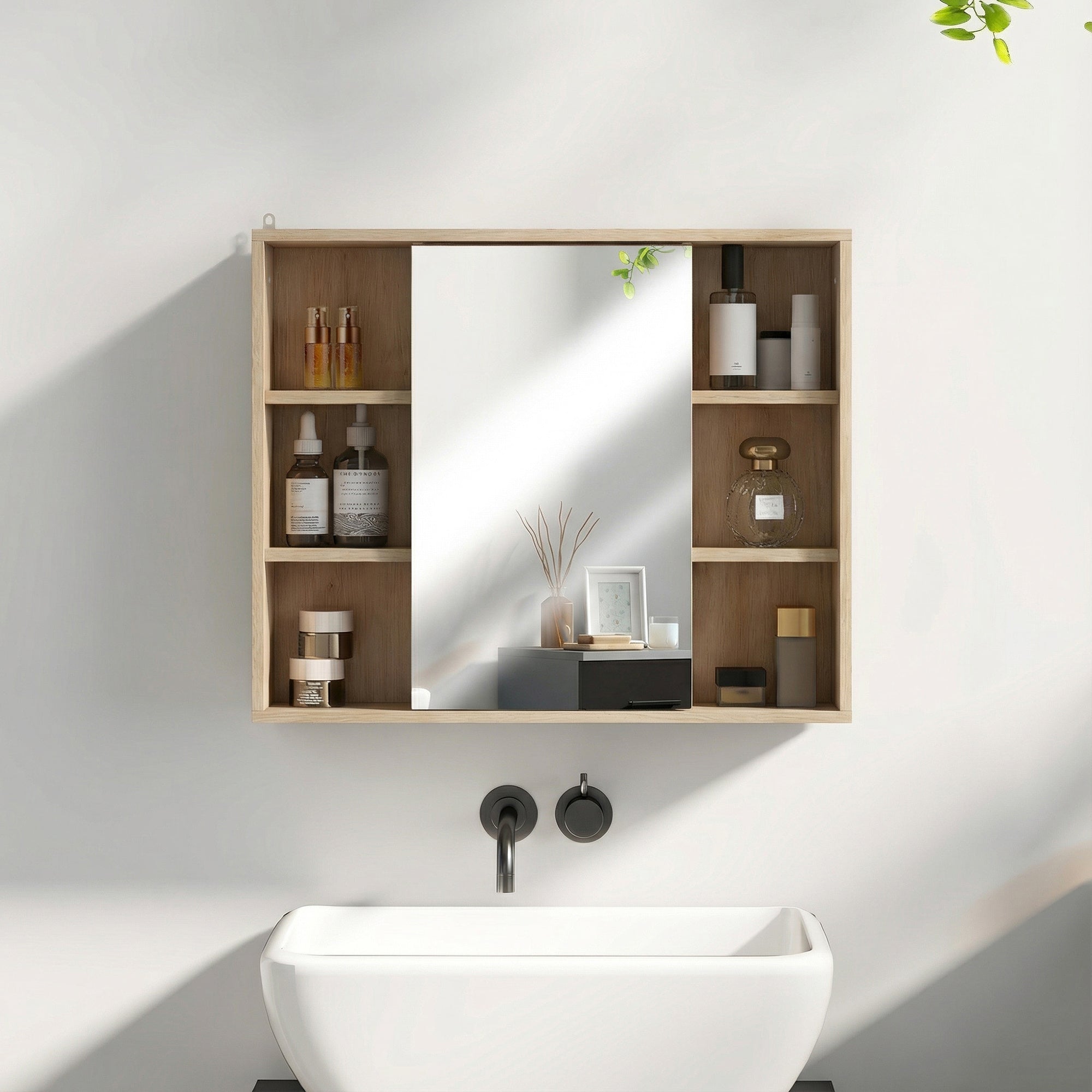 Meuble salle de bain avec miroir, placard à portes et 6 compartiments ouverts, 60 x 14,5 x 49,4 cm, bois naturel