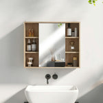 Meuble salle de bain avec miroir, placard à portes et 6 compartiments ouverts, 60 x 14,5 x 49,4 cm, bois naturel