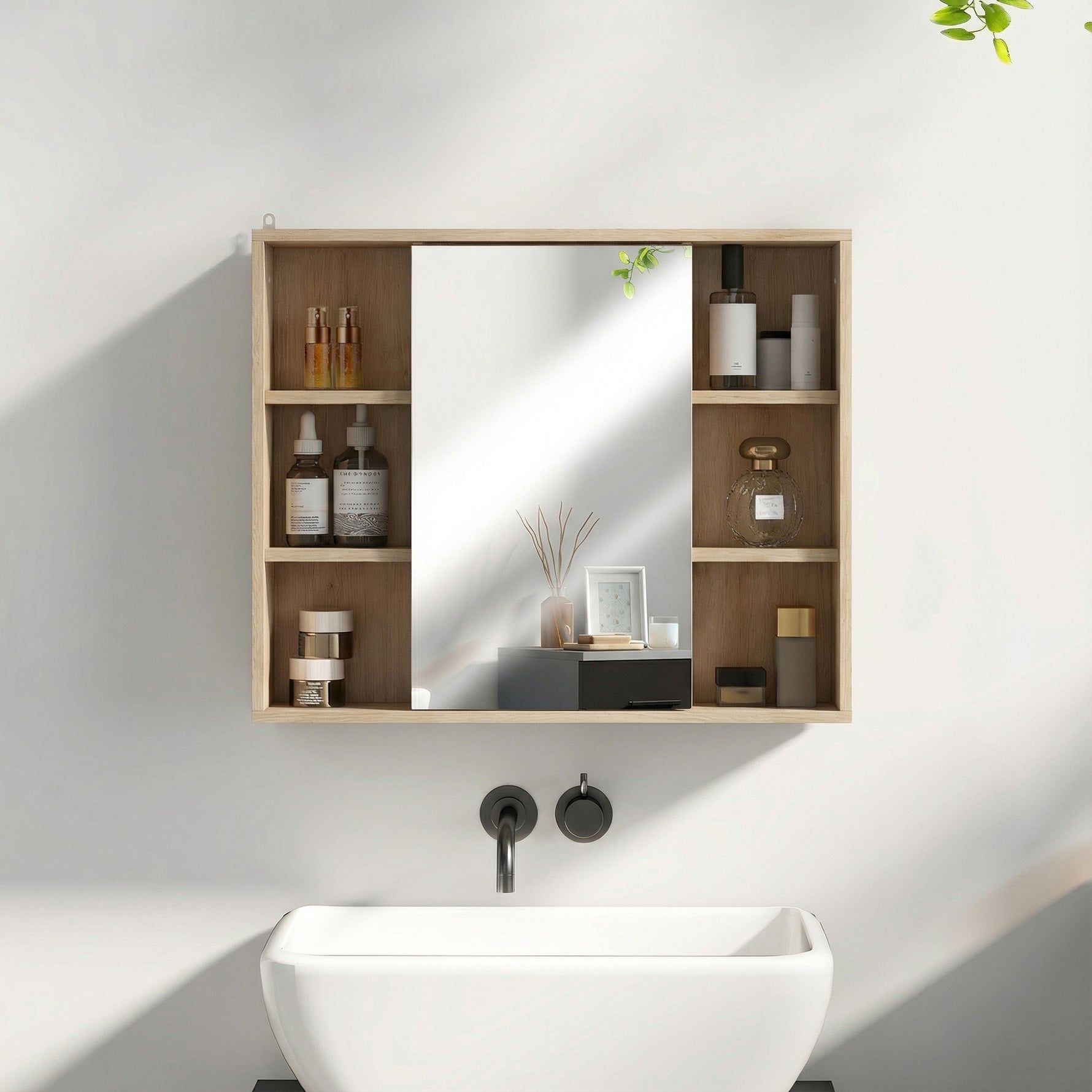 Meuble salle de bain avec miroir, placard à portes et 6 compartiments ouverts, 60 x 14,5 x 49,4 cm, bois naturel