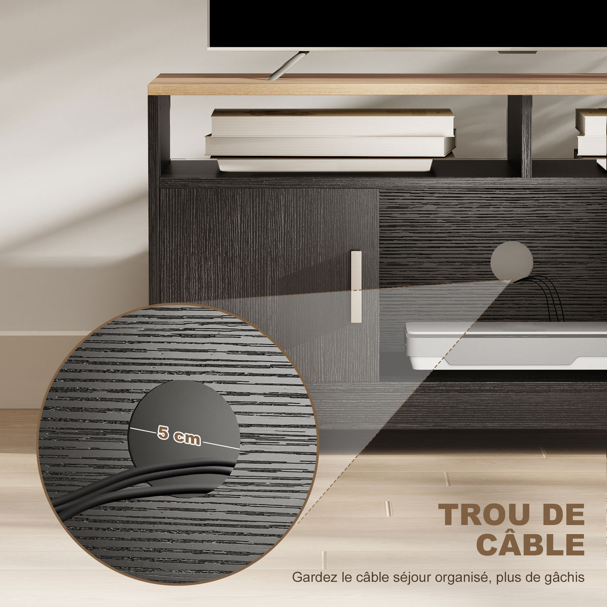 Meuble TV banc TV en bois avec 2 niches 2 armoires à porte une armoire ouverte 105 x 40 x 52 cm effet bois noir
