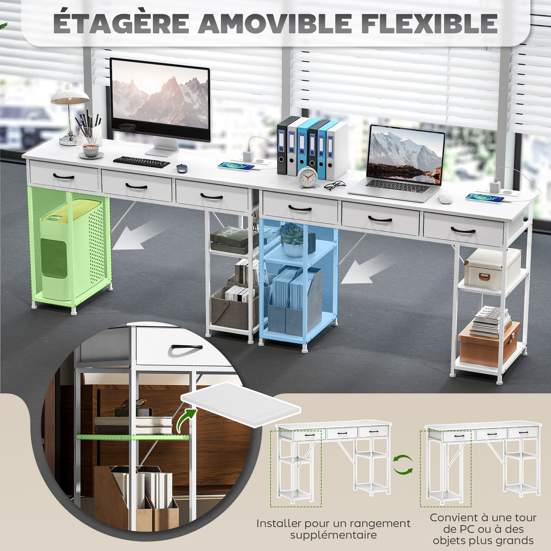 Bureau avec rangement avec prises de courant, 3 tiroirs en tissu et 4 étagères de rangement, 120 x 40 x 76 cm, blanc