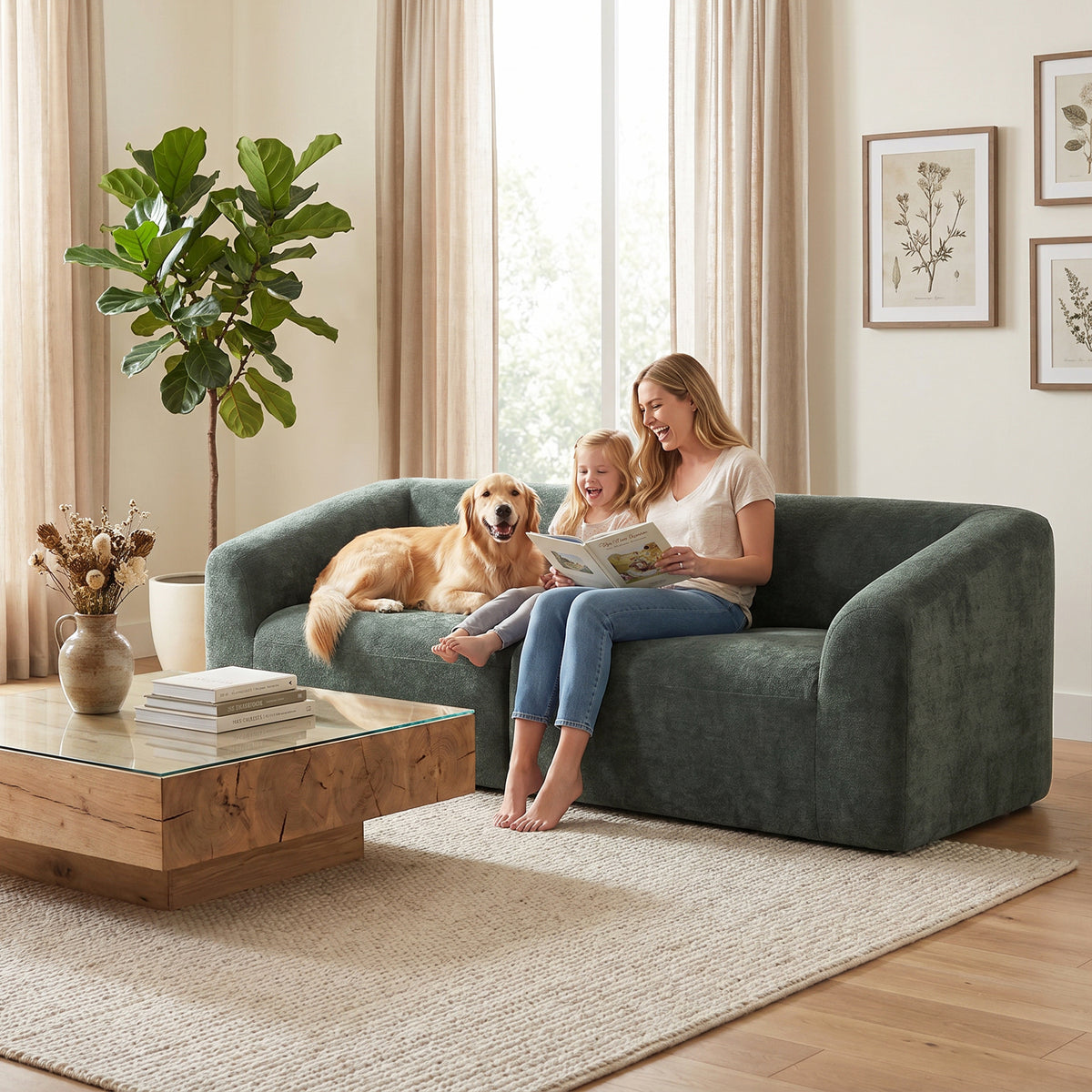 Canapé 3 places en chenille 225 cm, canapé salon rembourré moderne avec assise large, coussin à ressorts, vert foncé
