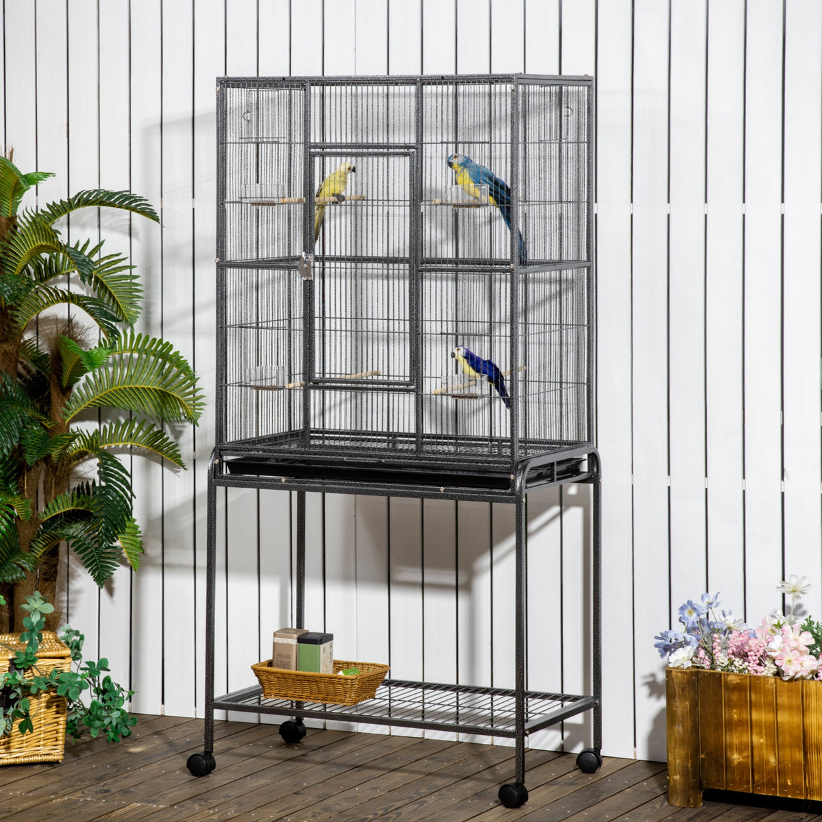 Gabbia per uccelli portatile con 4 mangiatoie e 4 posatoi, pratica, 81 x 48 x 162,5 cm, nero e grigio