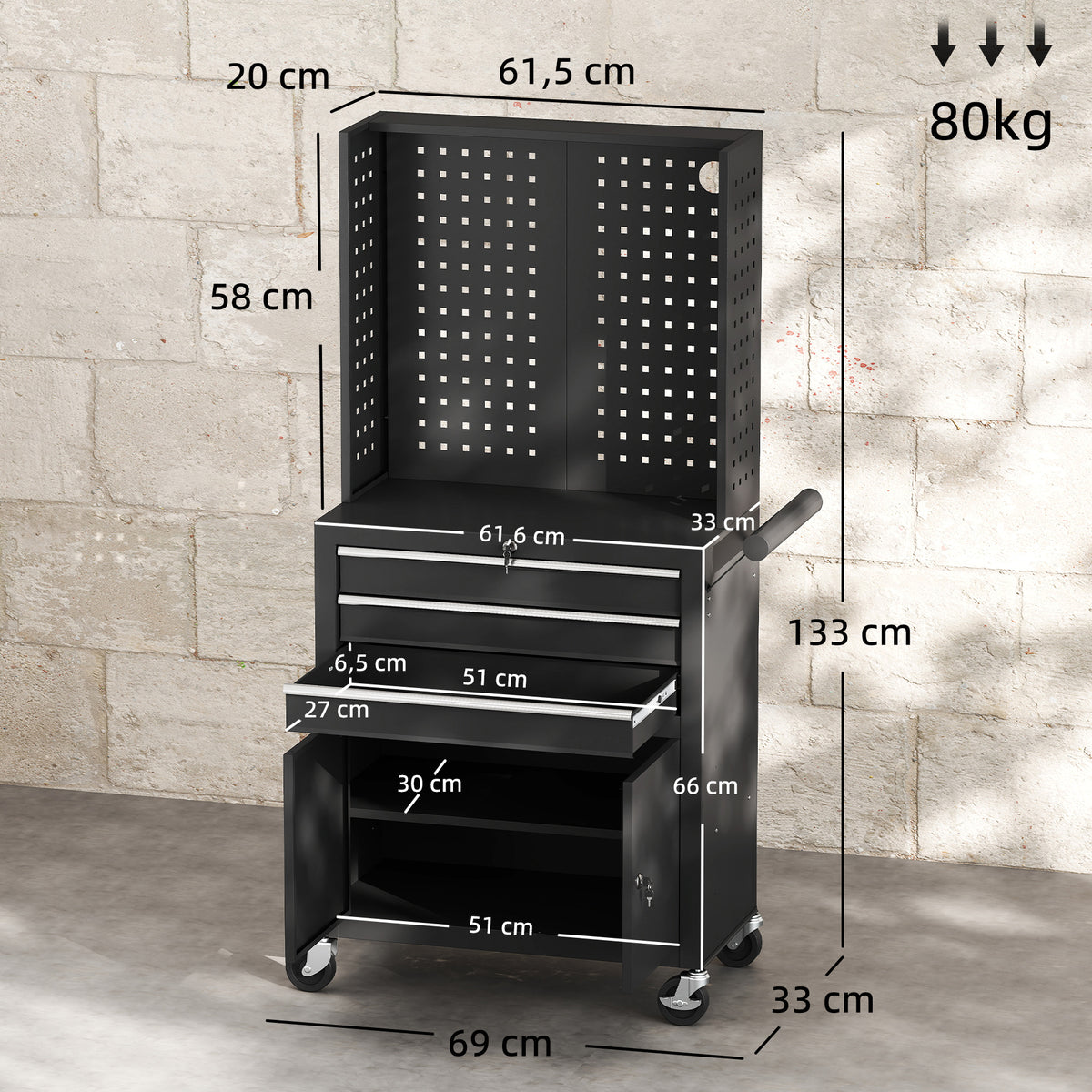 Servante d'atelier en acier à 3 tiroirs, chariot à outils sur roulettes, étagère réglable, panneau perforé, noir