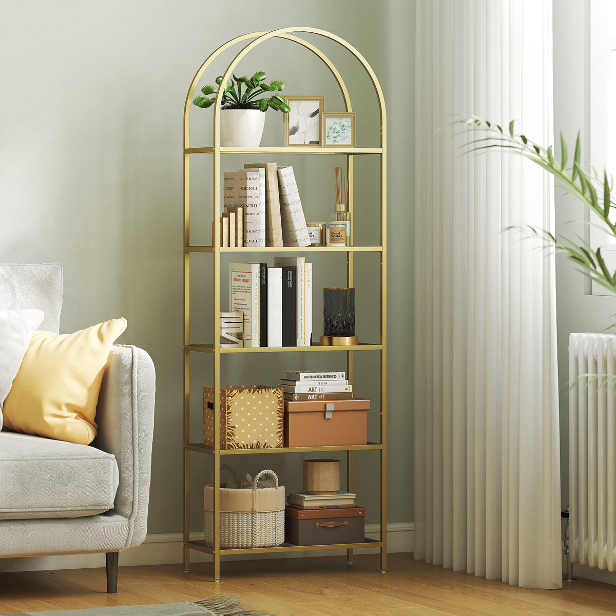 Libreria scaffale in vetro a 5 ripiani ad arco per soggiorno, ufficio, camera da letto, 60 x 30 x 175 cm, dorato