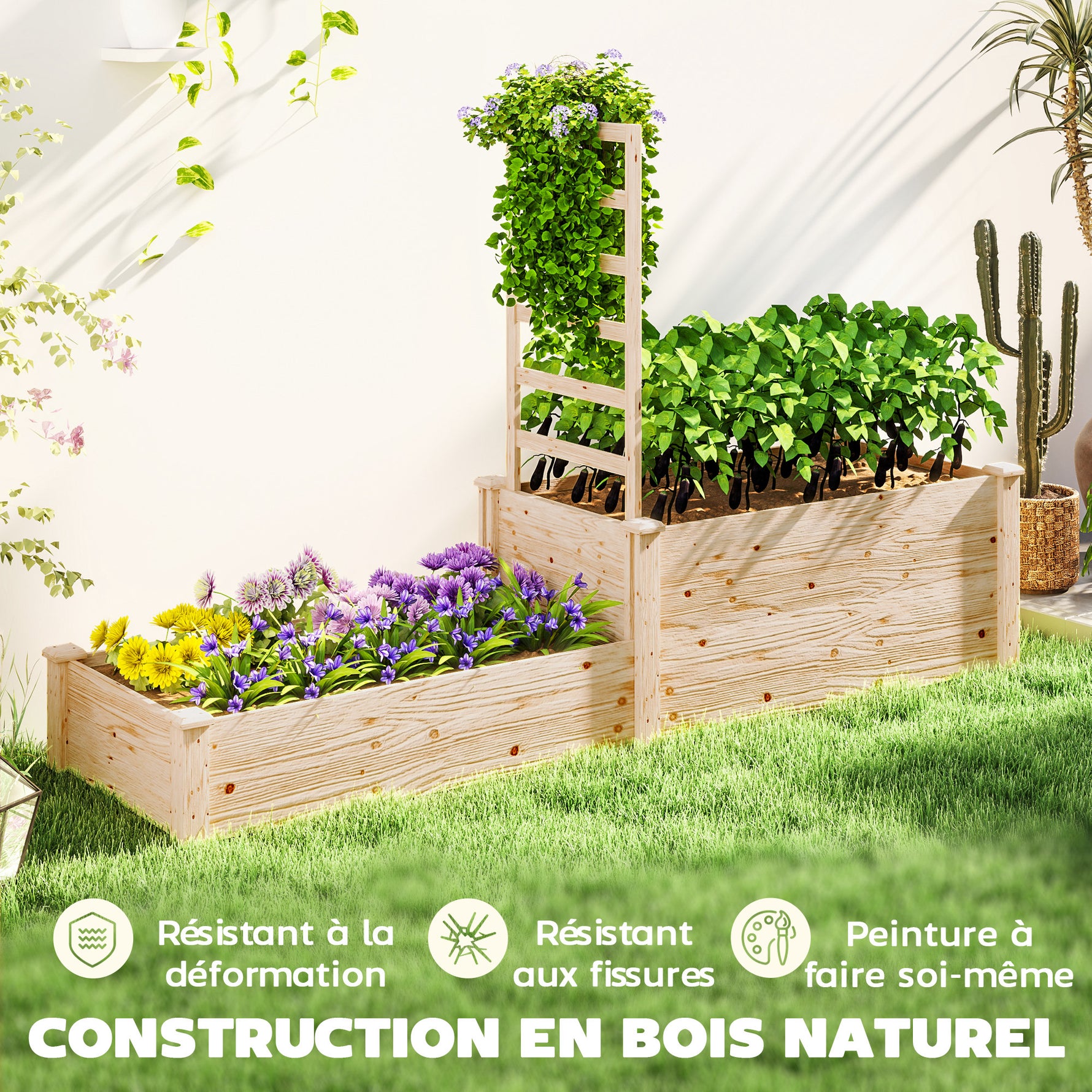 Jardinière avec treillis à 2 bacs avec fond ouvert, pour balcon terrasse patio, 222 x 63 x 132 cm, effet bois naturel