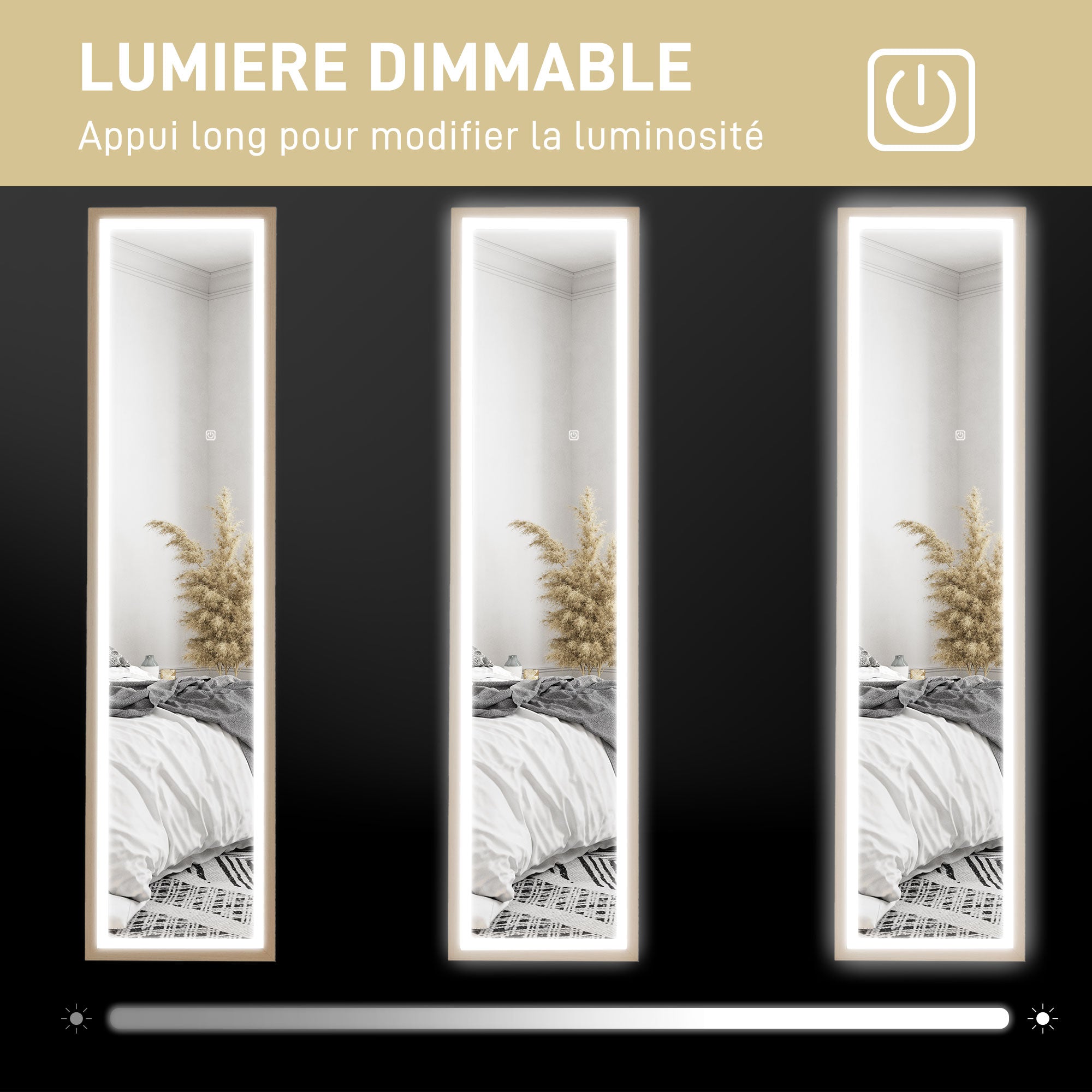 Grand miroir pleine longueur, miroir mural ou sur pied rectangulaire, 40 x 160 cm avec éclairage LED 3 couleurs, chêne