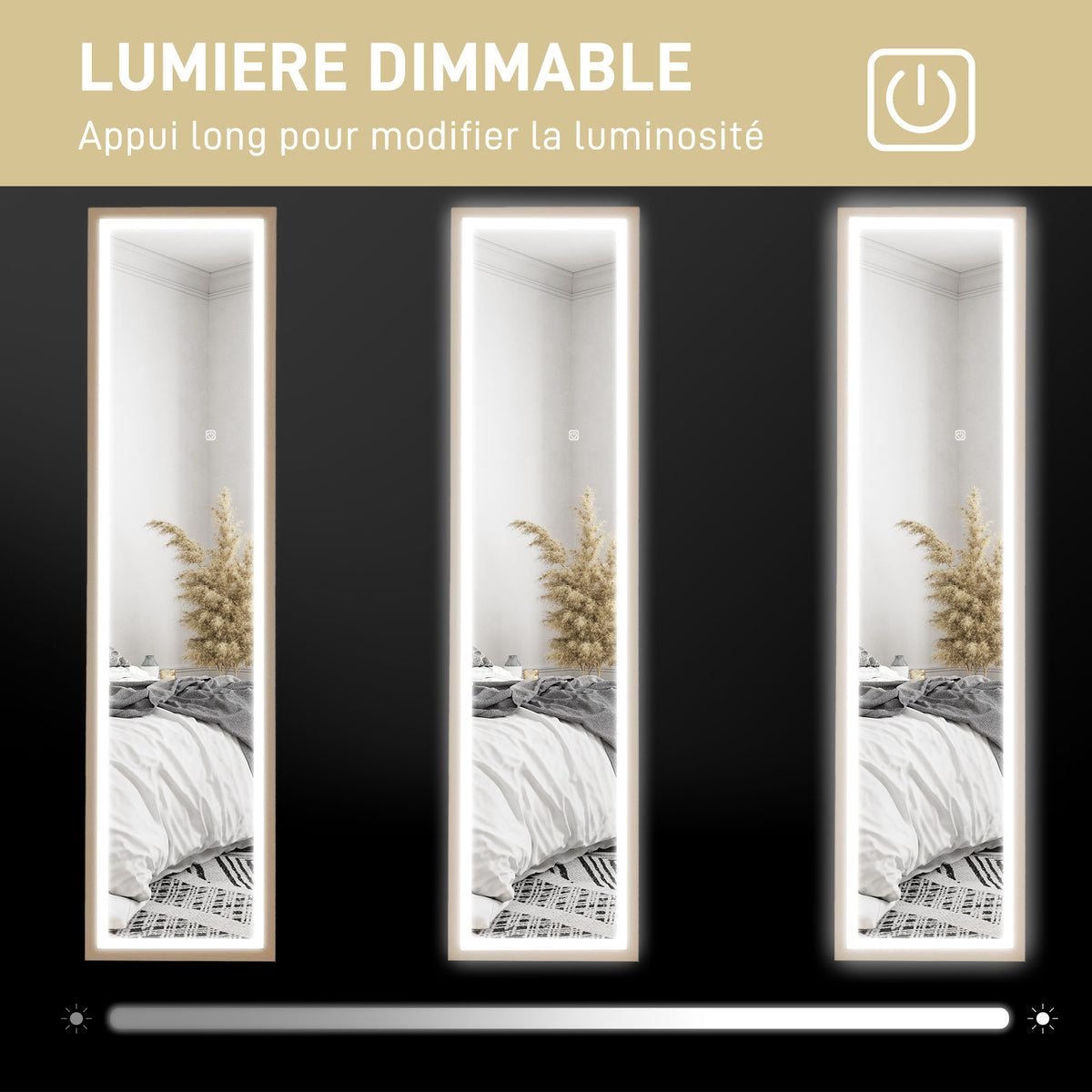 Grand miroir pleine longueur, miroir mural ou sur pied rectangulaire, 40 x 160 cm avec éclairage LED 3 couleurs, chêne