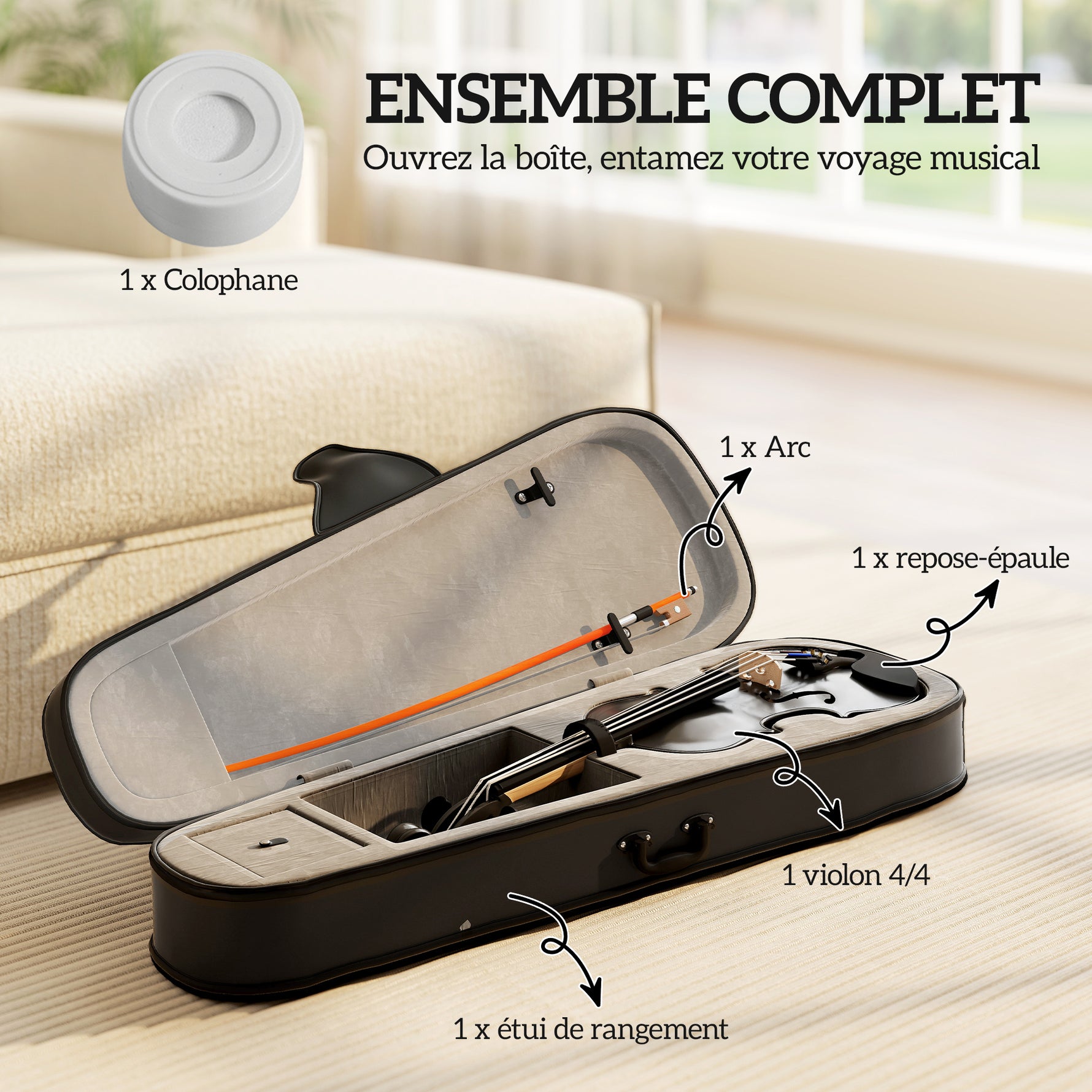 Violon 4/4 Ensemble de Violon en Bois Massif pour Adultes et Débutants avec Étui Léger et Portable 60 x 21 cm Noir