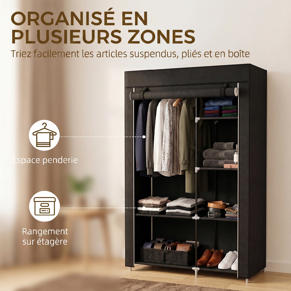Armoire penderie multi-rangement - 6 étagères, 1 barre - non tissé noir