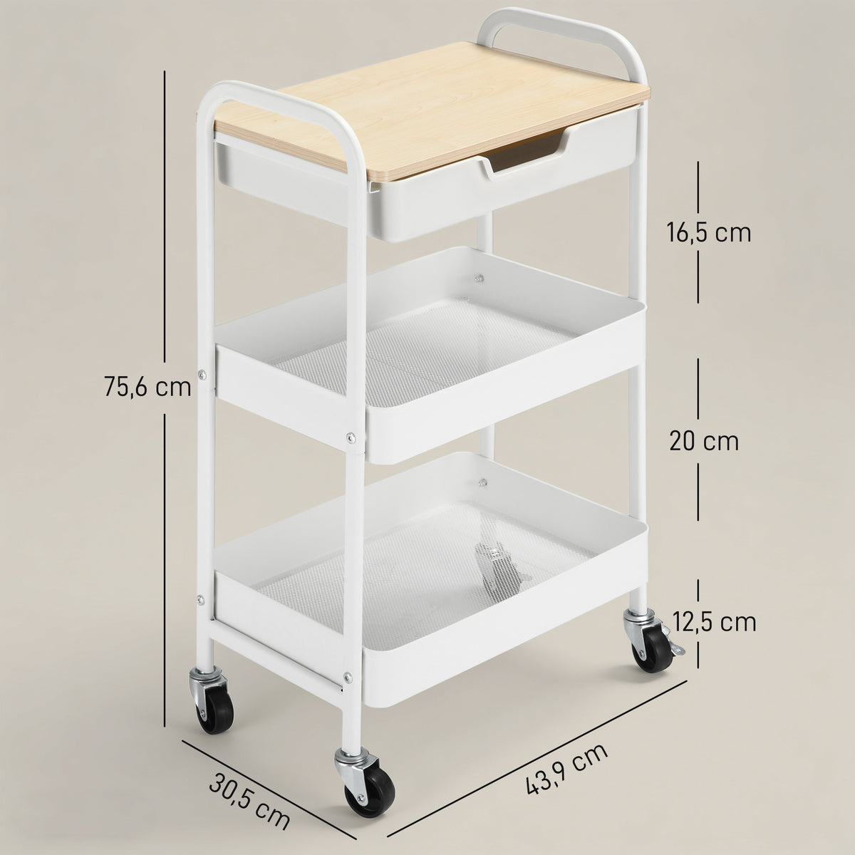Desserte de cuisine chariot de service 2 étagères tiroir plateau aspect bois clair acier PP blanc