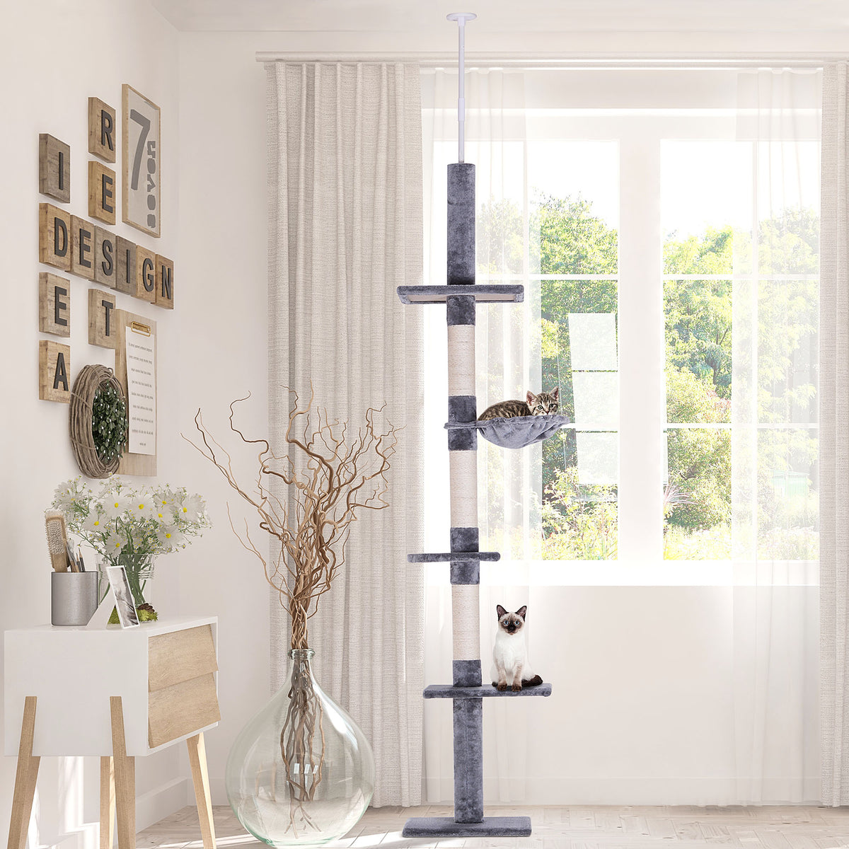 Arbre chat du sol au plafond poteau à griffer L40 x l 34 x H 230-260 cm 5 niveaux d'activités gris