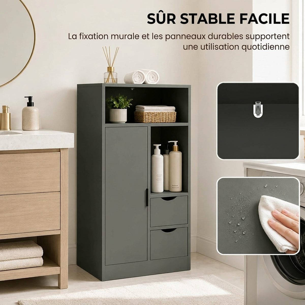 Mobiletto da bagno, mobile contenitore stretto con 2 cassetti, scomparti a giorno, 50x25x100 cm, verde chiaro