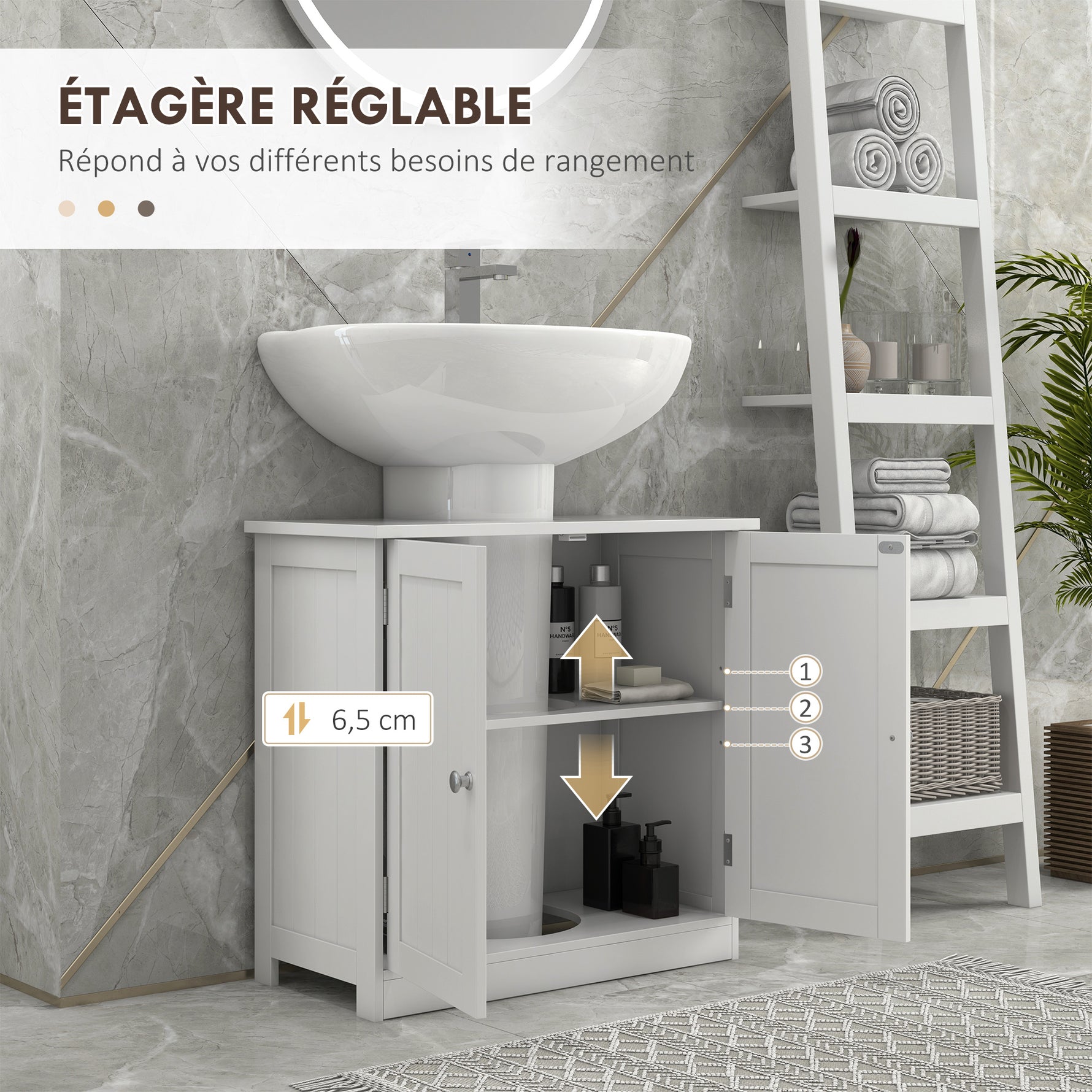 Meuble sous lavabo, meuble de salle de bain placard à 2 portes, étagère réglable, anti-humidité, 60 x 30 x 60 cm, blanc
