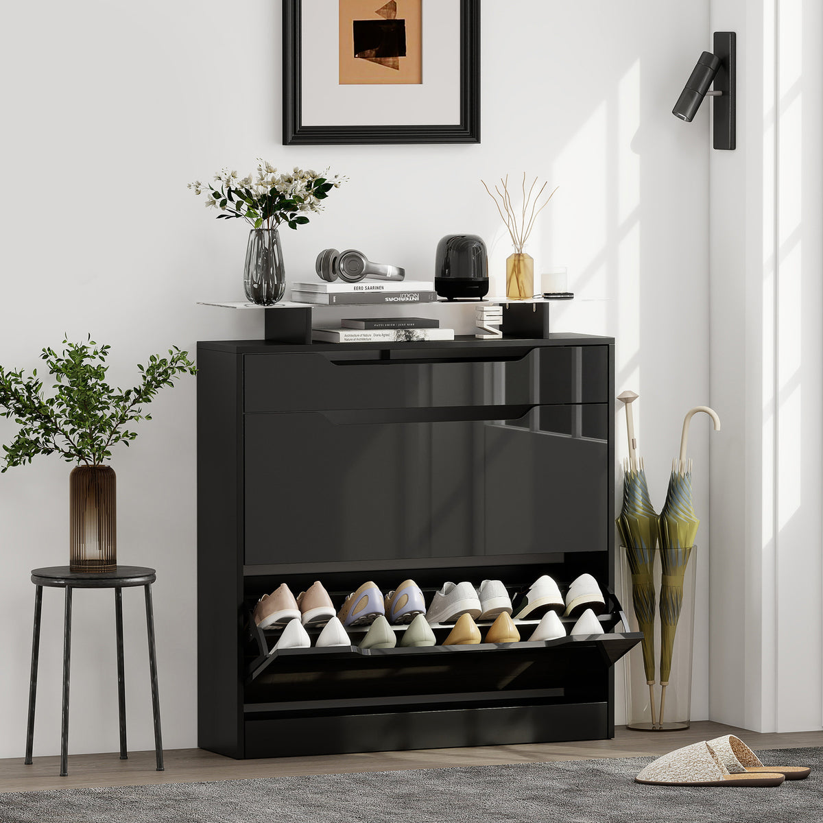 Schoenenkast, 2 kantelbare lades, 1 schuiflade, 1 werkblad, 89x23x96cm, Zwart