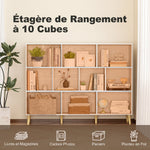 Bibliothèque à 3 Niveaux avec 10 Compartiments, Étagère de Rangement avec Pieds en Bois Massif, Effet Bois Blanc